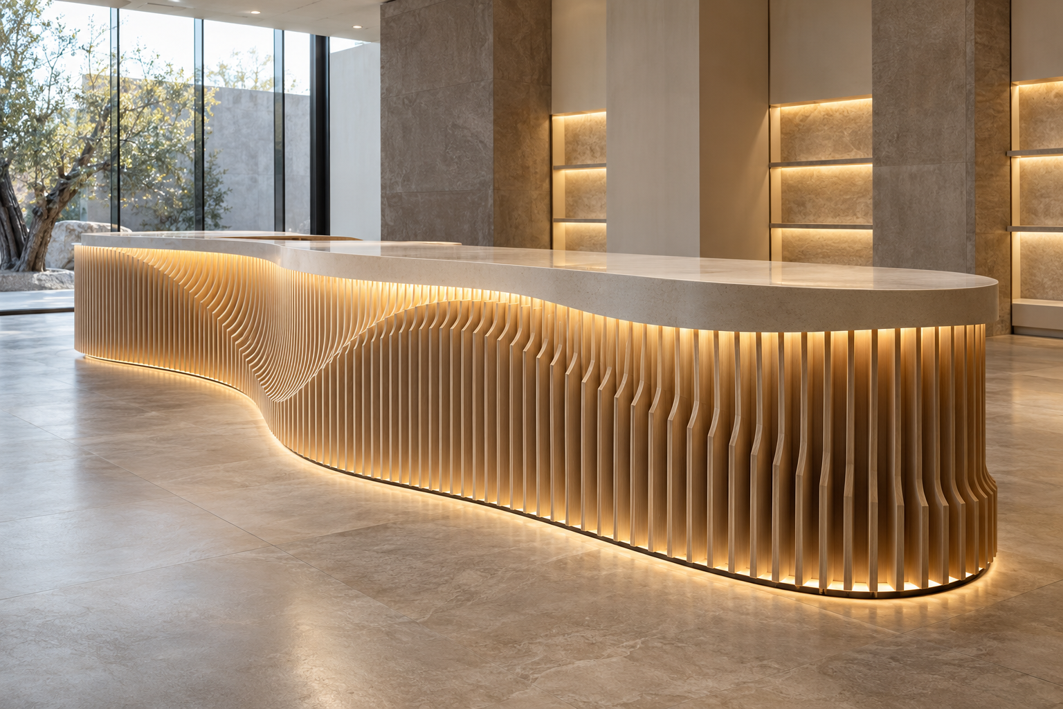 Sculptural ribbed timber reception desk
